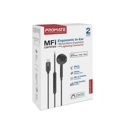 Promate MonoPod-LT Wired Mono Earphone with Lightning Connector – MFi Certified In-Ear Wired Mono Earphone with Mic, Deep Bass, 1.3m Braided Cable for iPhone - Damoo