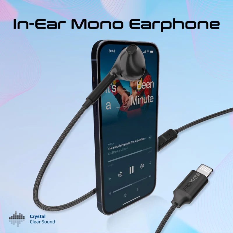Promate MonoPod-LT Wired Mono Earphone with Lightning Connector – MFi Certified In-Ear Wired Mono Earphone with Mic, Deep Bass, 1.3m Braided Cable for iPhone - Damoo