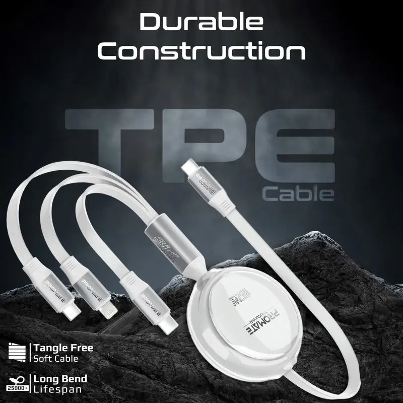 Promate TrioCord-R Retractable 3-in-1 Charging Cable – 60W USB-C, 27W Lightning, 10W Micro USB – Ultra-Fast, Compact, Tangle-Free Multi-Connector Cable for iPhone, Samsung, Laptops & More – 1.1M - Damoo