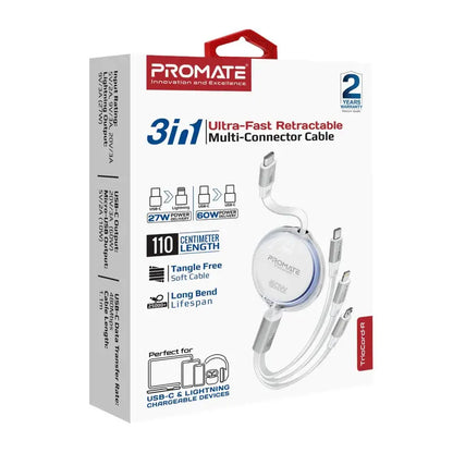 Promate TrioCord-R Retractable 3-in-1 Charging Cable – 60W USB-C, 27W Lightning, 10W Micro USB – Ultra-Fast, Compact, Tangle-Free Multi-Connector Cable for iPhone, Samsung, Laptops & More – 1.1M - Damoo