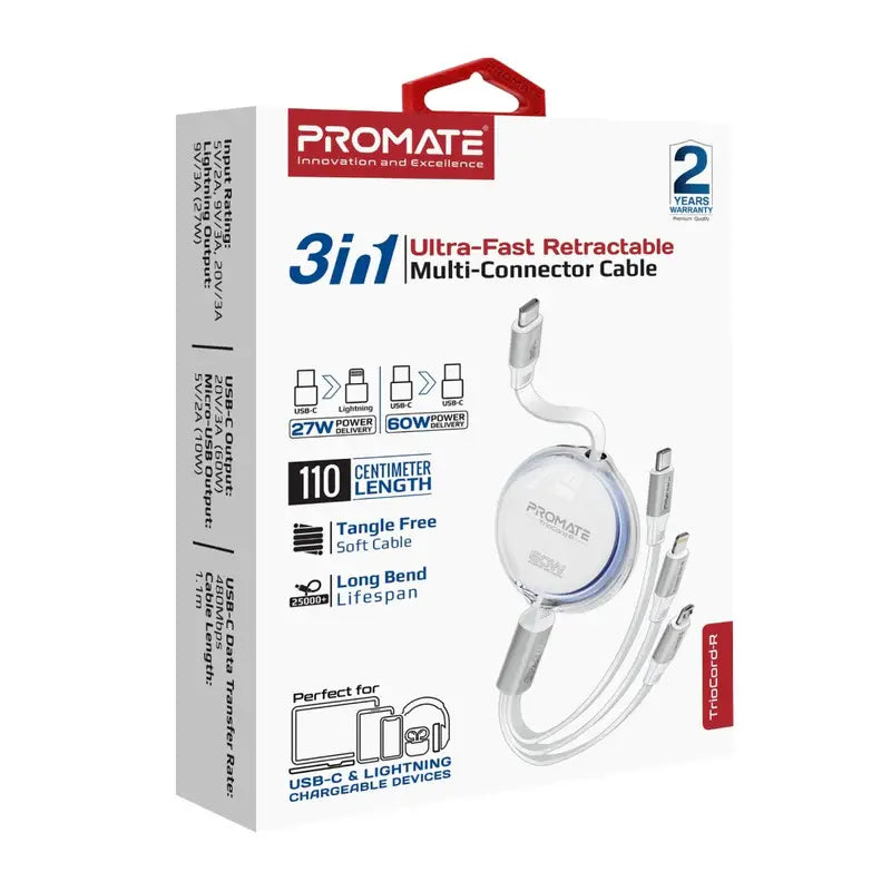 Promate TrioCord-R Retractable 3-in-1 Charging Cable – 60W USB-C, 27W Lightning, 10W Micro USB – Ultra-Fast, Compact, Tangle-Free Multi-Connector Cable for iPhone, Samsung, Laptops & More – 1.1M - Damoo
