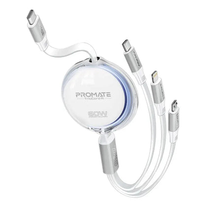 Promate TrioCord-R Retractable 3-in-1 Charging Cable – 60W USB-C, 27W Lightning, 10W Micro USB – Ultra-Fast, Compact, Tangle-Free Multi-Connector Cable for iPhone, Samsung, Laptops & More – 1.1M - Damoo