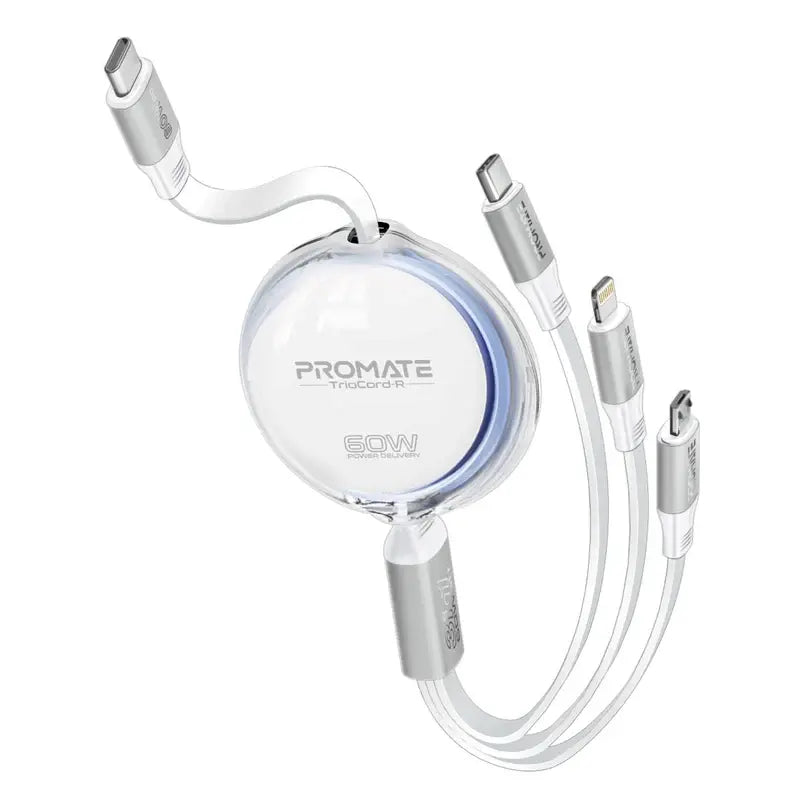 Promate TrioCord-R Retractable 3-in-1 Charging Cable – 60W USB-C, 27W Lightning, 10W Micro USB – Ultra-Fast, Compact, Tangle-Free Multi-Connector Cable for iPhone, Samsung, Laptops & More – 1.1M - Damoo