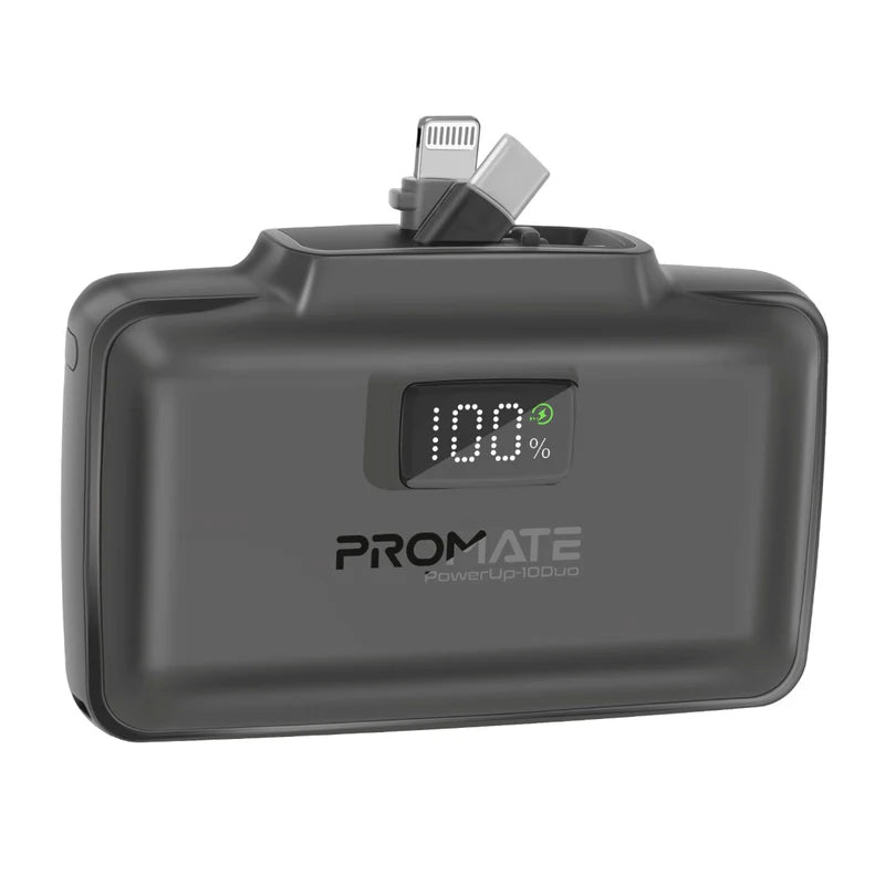 PROMATE Ultra-Compact 10000mAh Power Bank – Fast Charging with Foldable USB-C & Lightning Connectors | Portable Charger for iPhone, Android & Travel Use - Damoo