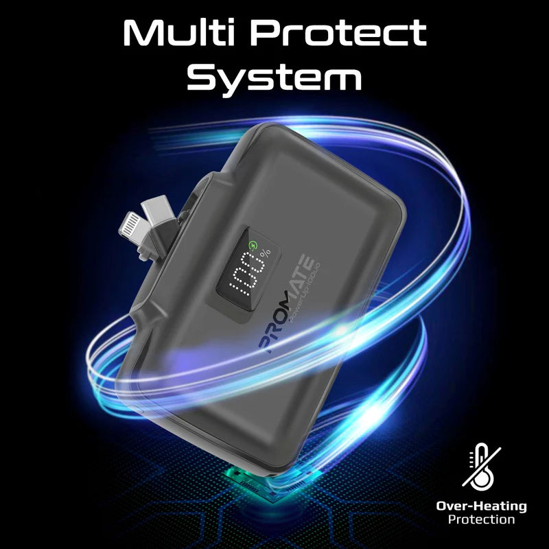 PROMATE Ultra-Compact 10000mAh Power Bank – Fast Charging with Foldable USB-C & Lightning Connectors | Portable Charger for iPhone, Android & Travel Use - Damoo