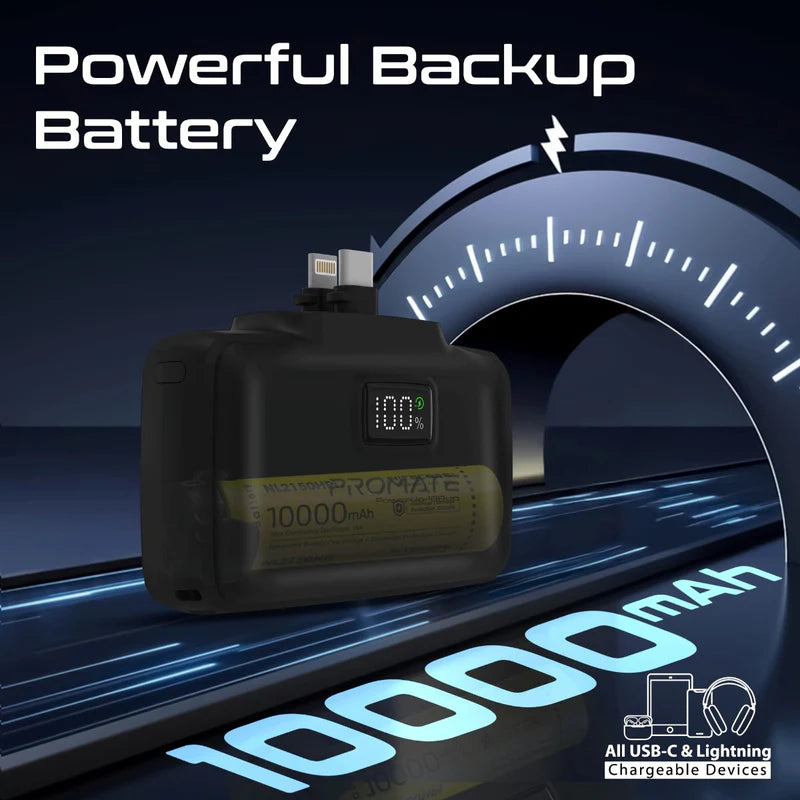 PROMATE Ultra-Compact 10000mAh Power Bank – Fast Charging with Foldable USB-C & Lightning Connectors | Portable Charger for iPhone, Android & Travel Use - Damoo