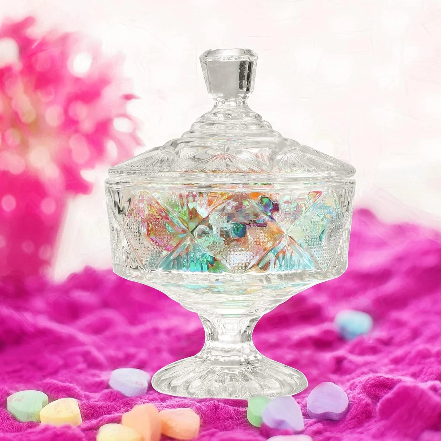 QIANLI Clear Glass Candy Jar with Lid – Elegant Crystal-Cut Decorative Bowl for Sweets, Dry Fruits & More - Damoo
