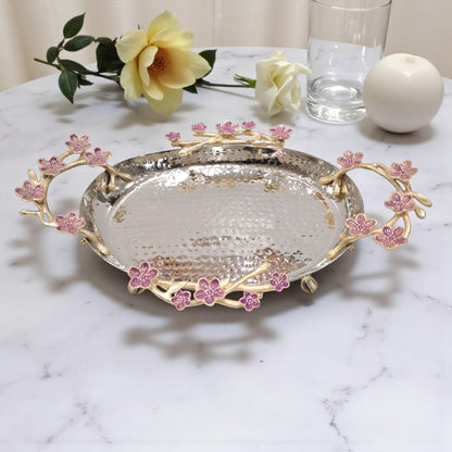 Elongated Hammered Oval Tray with Pink Floral Accents – Stainless Steel & Brass Decorative Serving Platter | Elegant Food-Safe Table Centerpiece - Damoo