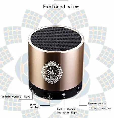 Quran Speaker with 8GB MP3, Multi-Reciter, Remote Control, FM Radio, USB Rechargeable – LED Light, Translation, Tafseer, and MP3 Playback for Islamic Learning & Gifting - Damoo
