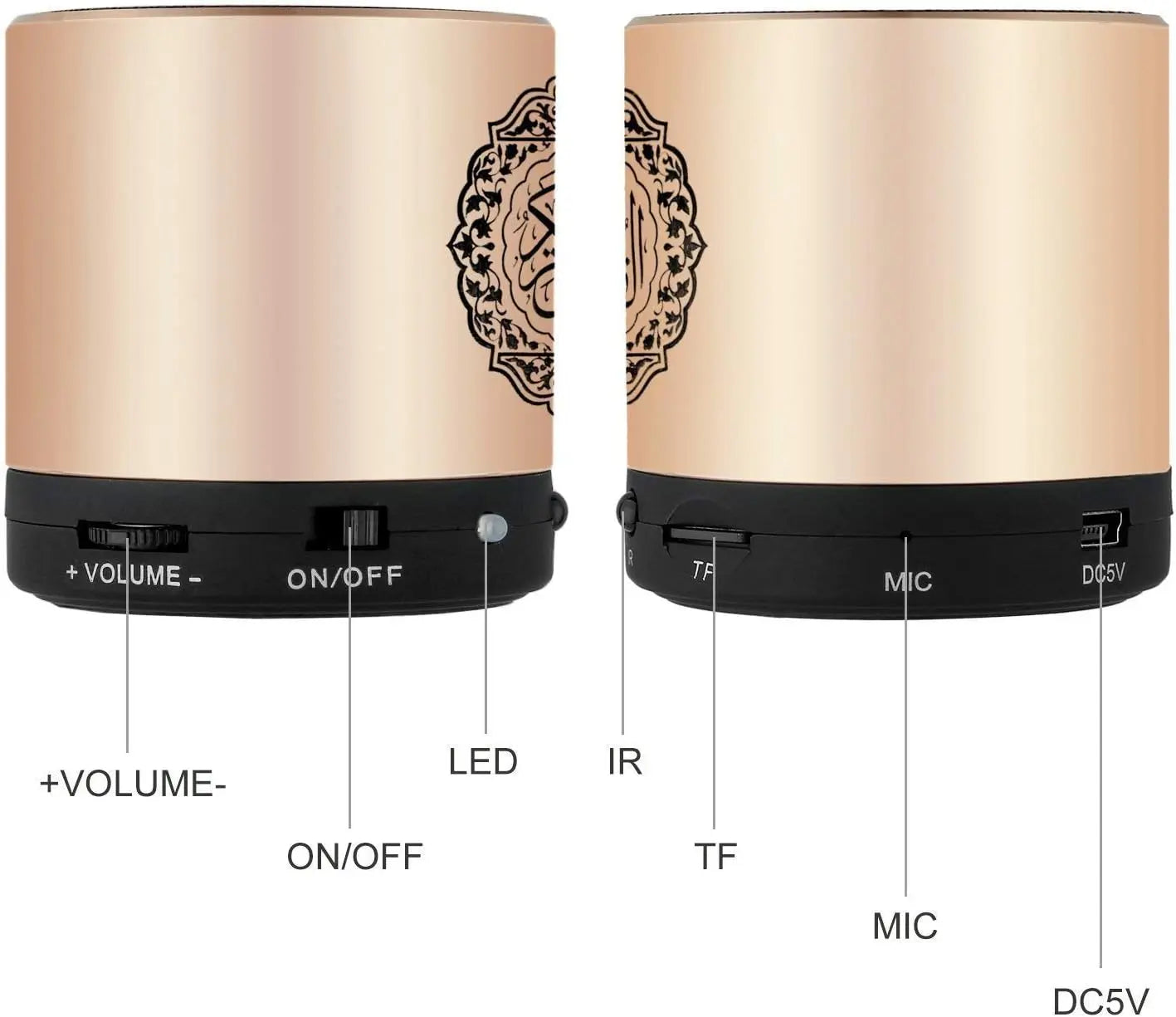 Quran Speaker with 8GB MP3, Multi-Reciter, Remote Control, FM Radio, USB Rechargeable – LED Light, Translation, Tafseer, and MP3 Playback for Islamic Learning & Gifting - Damoo