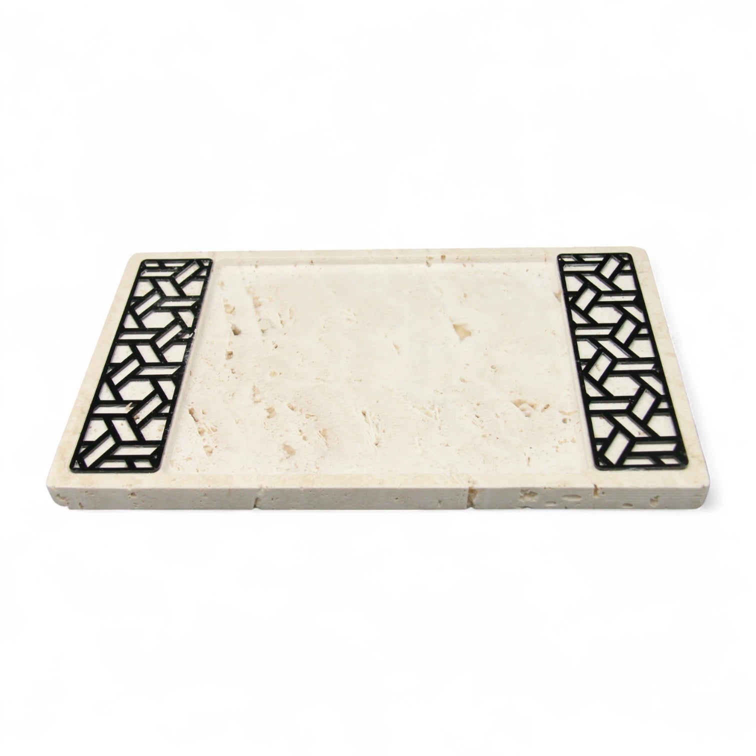 Rectangular Travertine Stone Tray with Dual Geometric Inlays – Elegant Vanity & Serving Tray - Damoo