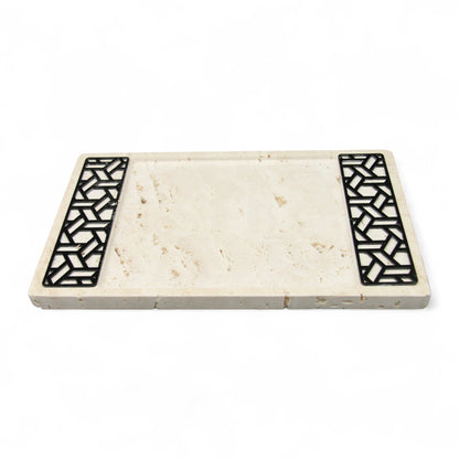 Rectangular Travertine Stone Tray with Dual Geometric Inlays – Elegant Vanity & Serving Tray - Damoo