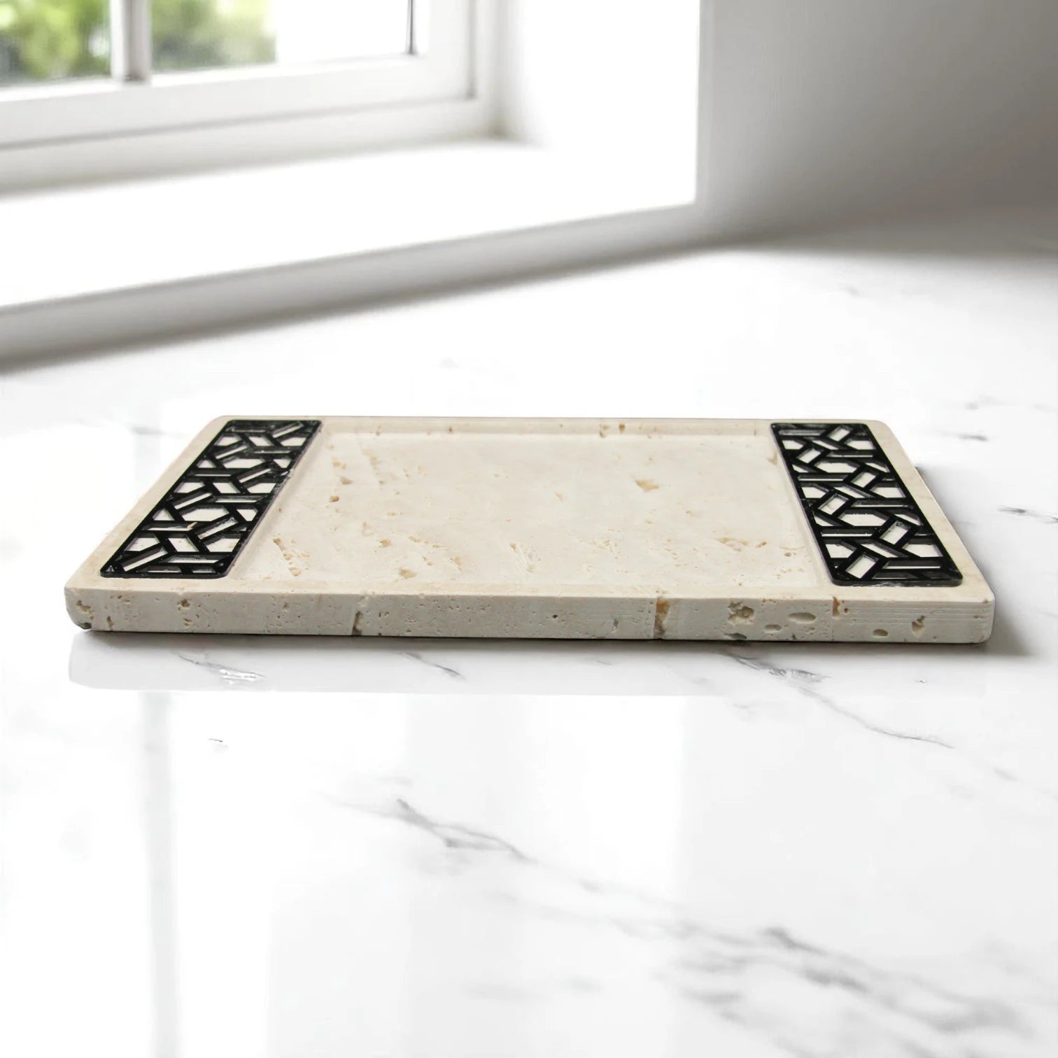 Rectangular Travertine Stone Tray with Dual Geometric Inlays – Elegant Vanity & Serving Tray - Damoo