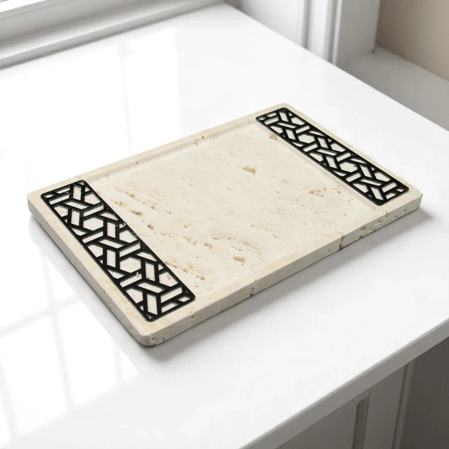 Rectangular Travertine Stone Tray with Dual Geometric Inlays – Elegant Vanity & Serving Tray - Damoo