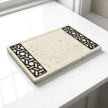 Rectangular Travertine Stone Tray with Dual Geometric Inlays – Elegant Vanity & Serving Tray - Damoo