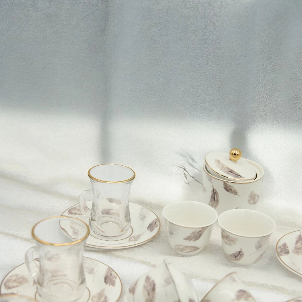Regal Taste of Life Elegant Fine Porcelain 20 Pcs Tea & Coffee Set – Strong Internal Structure (Feather Design) - Damoo