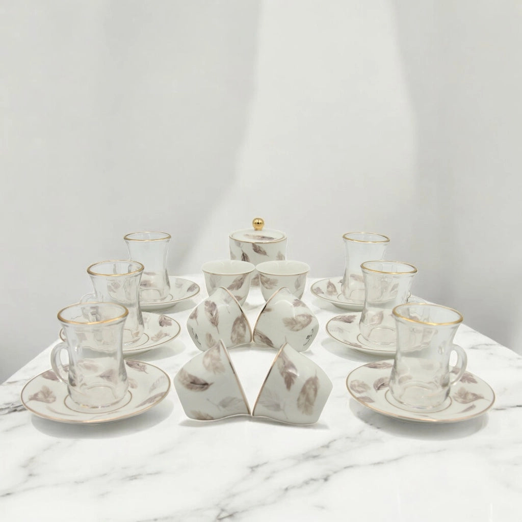 Regal Taste of Life Elegant Fine Porcelain 20 Pcs Tea & Coffee Set – Strong Internal Structure (Feather Design) - Damoo