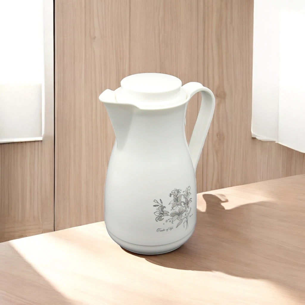 Regal Vacuum Jug 1.0 Liters – Thermal Flask with Glass Liner – Keeps Drinks Hot for 12 Hours & Cold for 24 Hours – Elegant Floral Design – Model REK - Damoo