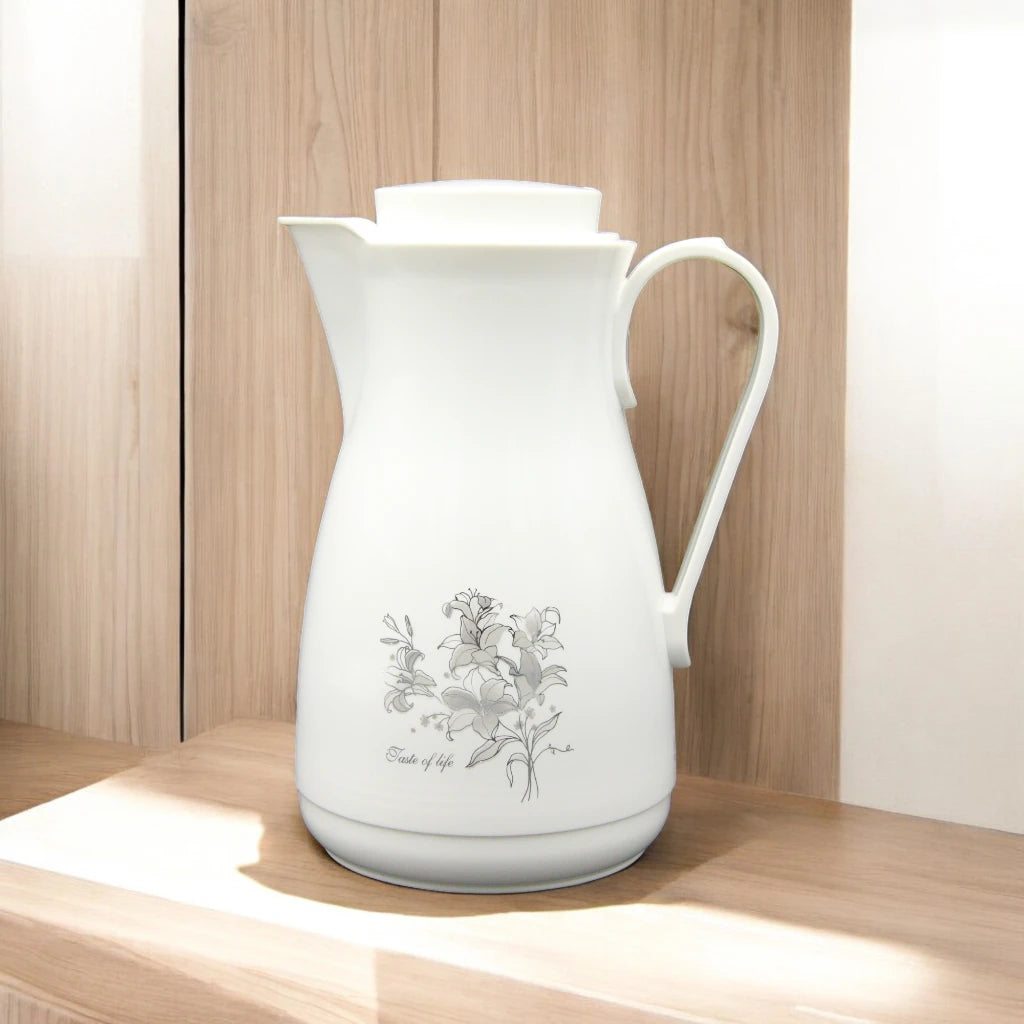 Regal Vacuum Jug 1.0 Liters – Thermal Flask with Glass Liner – Keeps Drinks Hot for 12 Hours & Cold for 24 Hours – Elegant Floral Design – Model REK - Damoo