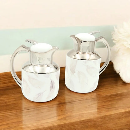 Regal Vacuum Jug Set – Double-Wall Thermal Insulation | 0.5L + 1.0L | Keeps Drinks Hot for 12h & Cold for 24h – Taste of Life Collection (Feather Design) - (Silver) - Damoo