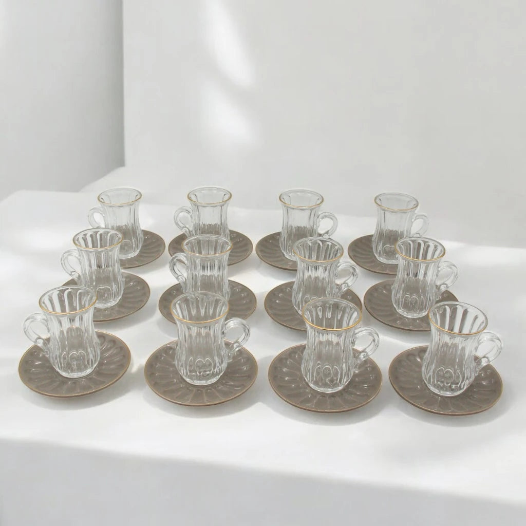 Rose 38-Piece Luxury Arabic Tea & Gahwa Serving Set – Elegant Glass Tea Cups with Porcelain Saucers, Gahwa Cups, Sugar Bowl – Perfect for Eid, Ramadan, Weddings & Majlis Hosting - Damoo