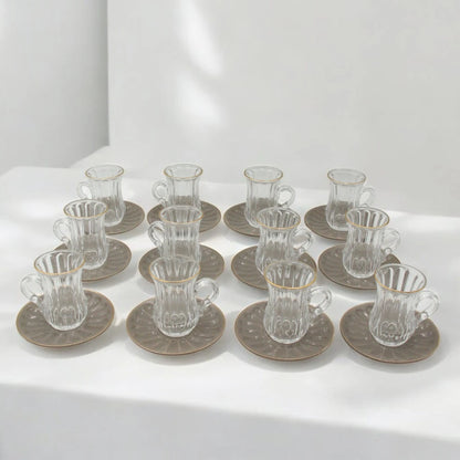 Rose 38-Piece Luxury Arabic Tea & Gahwa Serving Set – Elegant Glass Tea Cups with Porcelain Saucers, Gahwa Cups, Sugar Bowl – Perfect for Eid, Ramadan, Weddings & Majlis Hosting - Damoo