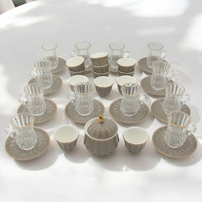 Rose 38-Piece Luxury Arabic Tea & Gahwa Serving Set – Elegant Glass Tea Cups with Porcelain Saucers, Gahwa Cups, Sugar Bowl – Perfect for Eid, Ramadan, Weddings & Majlis Hosting - Damoo