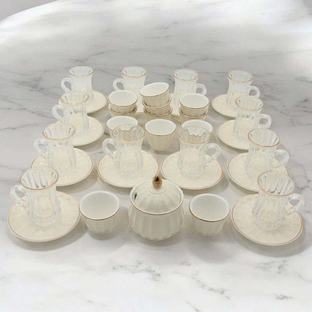Rose 38-Piece Luxury Arabic Tea & Gahwa Serving Set – Elegant Glass Tea Cups with Porcelain Saucers, Gahwa Cups, Sugar Bowl – Perfect for Eid, Ramadan, Weddings & Majlis Hosting - Damoo