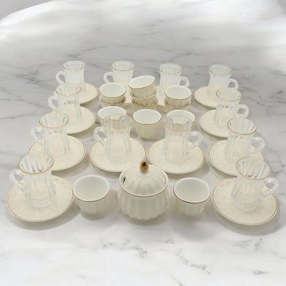 Rose 38-Piece Luxury Arabic Tea & Gahwa Serving Set – Elegant Glass Tea Cups with Porcelain Saucers, Gahwa Cups, Sugar Bowl – Perfect for Eid, Ramadan, Weddings & Majlis Hosting - Damoo