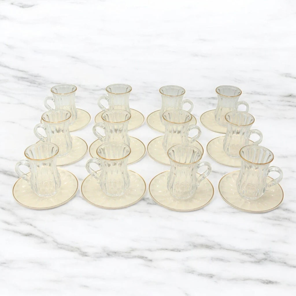 Rose 38-Piece Luxury Arabic Tea & Gahwa Serving Set – Elegant Glass Tea Cups with Porcelain Saucers, Gahwa Cups, Sugar Bowl – Perfect for Eid, Ramadan, Weddings & Majlis Hosting - Damoo