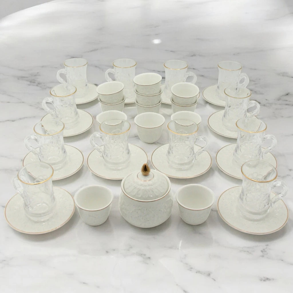 Rose 38-Piece Luxury Arabic Tea & Gahwa Serving Set – Elegant Glass Tea Cups with Porcelain Saucers, Gahwa Cups, Sugar Bowl – Perfect for Eid, Ramadan, Weddings & Majlis Hosting - Damoo