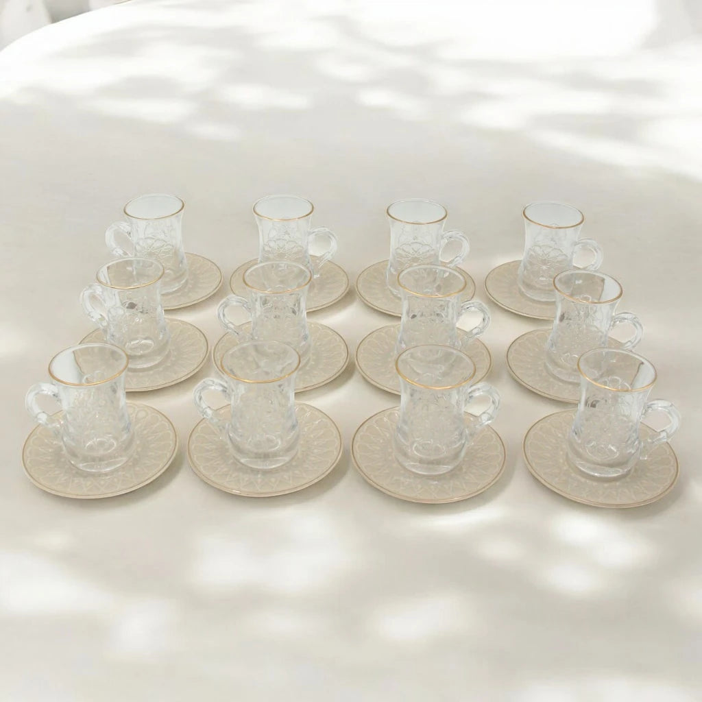 Rose 38-Piece Luxury Arabic Tea & Gahwa Serving Set – Elegant Glass Tea Cups with Porcelain Saucers, Gahwa Cups, Sugar Bowl – Perfect for Eid, Ramadan, Weddings & Majlis Hosting - Damoo