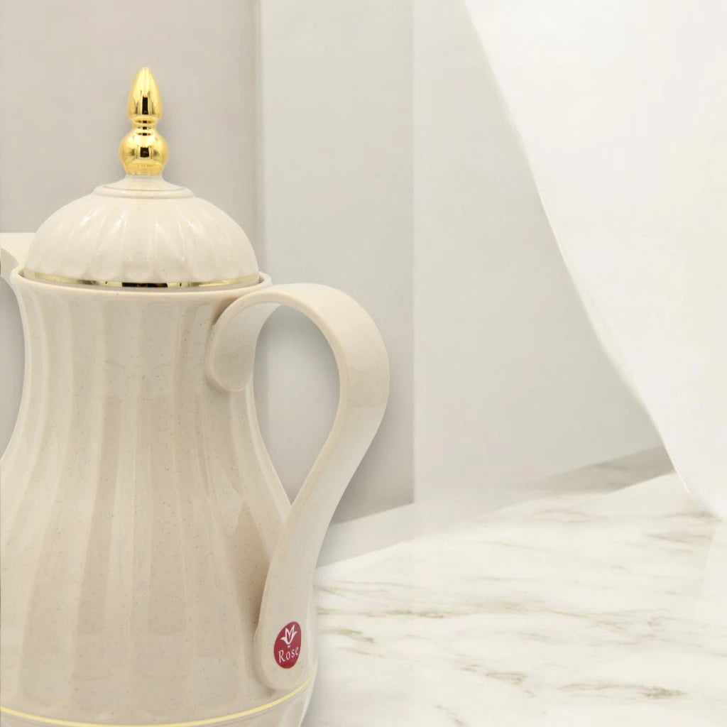 Rose Premium Arabic Thermos – 1L Double-Wall Glass Insulated Coffee & Tea Flask | Hot & Cold Beverage Server with Elegant Gold Top – Beige - Damoo