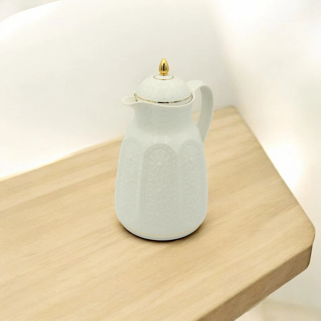 Rose Premium Arabic Thermos Flask 1 Liters – Double Wall Glass Vacuum Jug for Hot & Cold Drinks – Elegant White & Gold Design – Long Heat Retention - Damoo