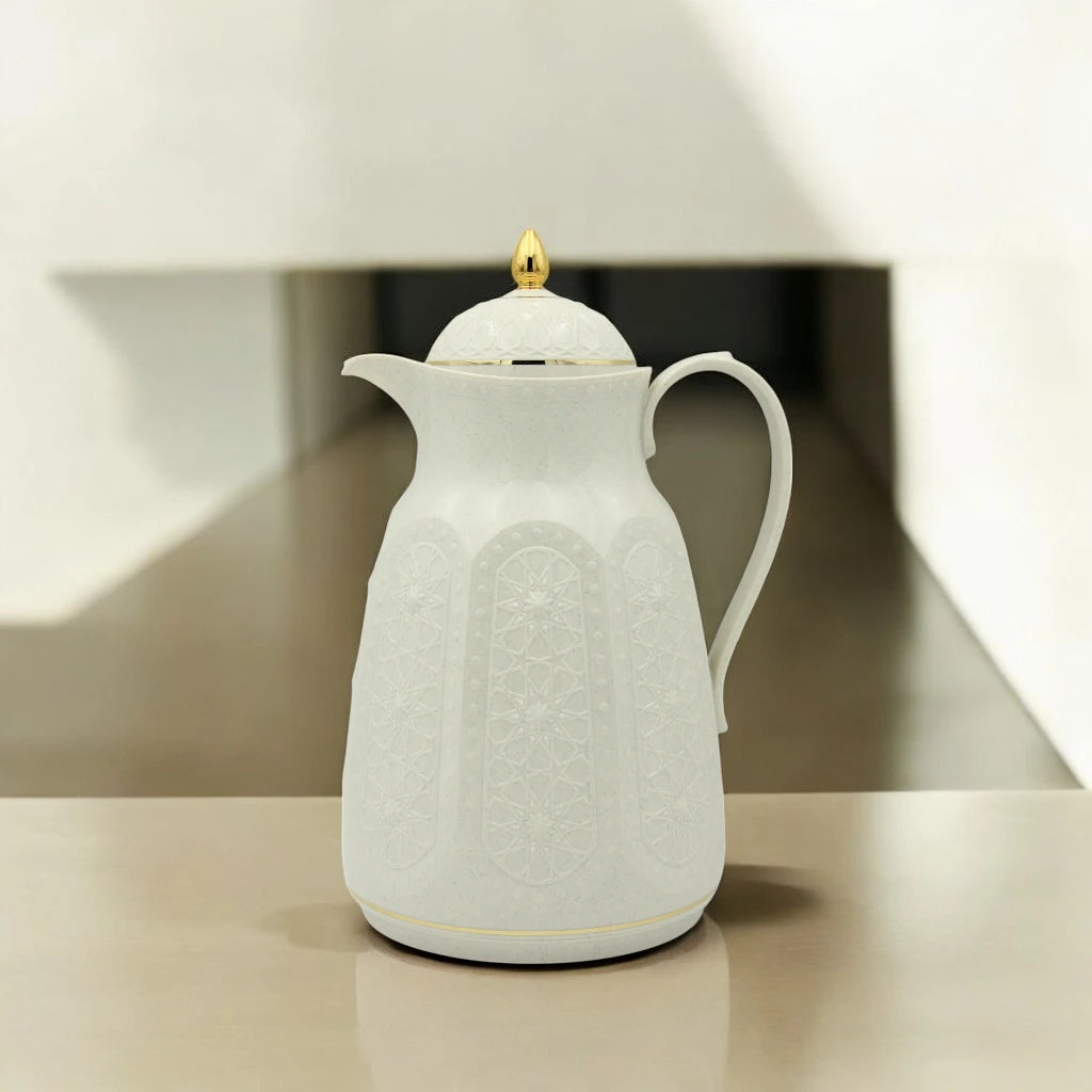 Rose Premium Arabic Thermos Flask 1 Liters – Double Wall Glass Vacuum Jug for Hot & Cold Drinks – Elegant White & Gold Design – Long Heat Retention - Damoo