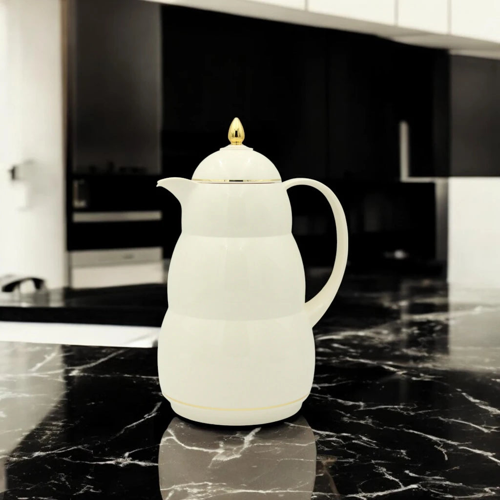 Rose Premium Vacuum Thermos Flask – 1L Double Wall Glass Insulated Jug for Hot & Cold Beverages | Elegant White with Gold Lid | Keeps Drinks Hot 24h/Cold 36h - Damoo