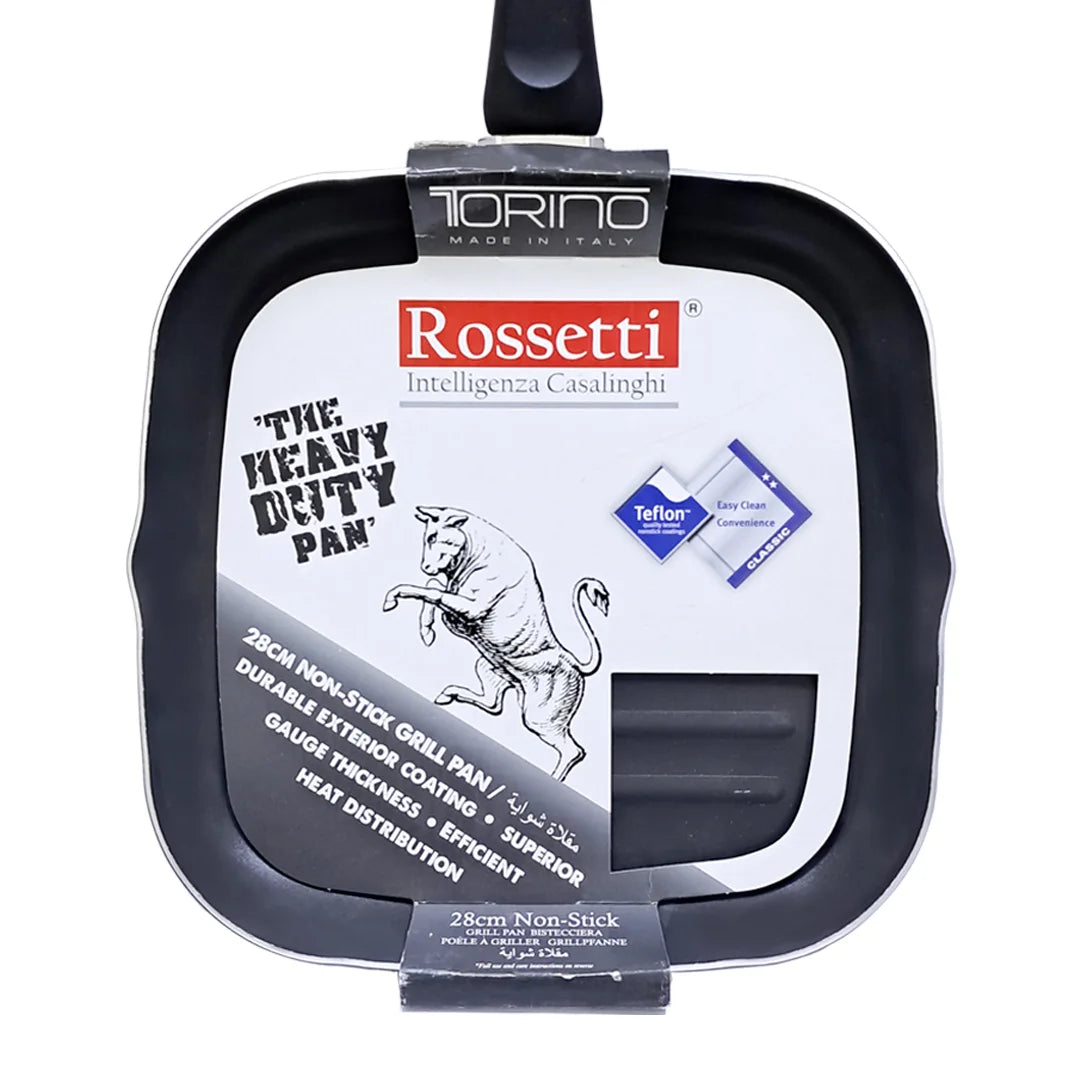 Rossetti Italian-Made 28 CM Non-Stick Square Grill Pan – Teflon Coated, Heat-Resistant Handle, Dishwasher Safe, Works on All Cooktops Except Induction - Damoo