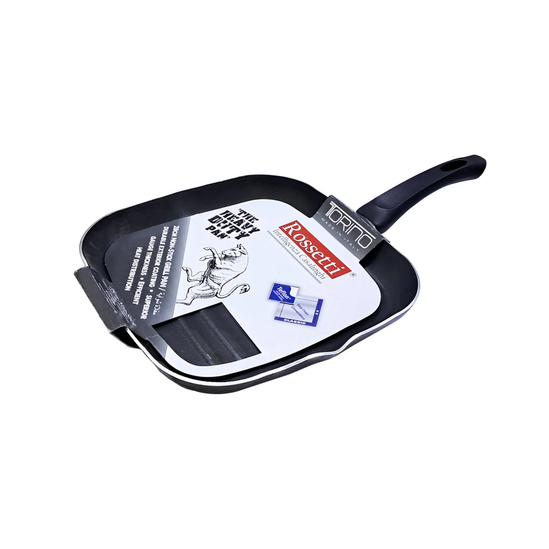 Rossetti Italian-Made 28 CM Non-Stick Square Grill Pan – Teflon Coated, Heat-Resistant Handle, Dishwasher Safe, Works on All Cooktops Except Induction - Damoo
