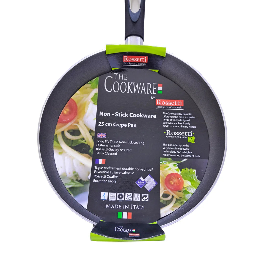 Rossetti Non-Stick Teflon Crepe Pan – 25 CM, Made in Italy, Heat-Resistant Handle with Hanging Loop, Dishwasher Safe, Compatible with Gas, Electric & Ceramic Cooktops (Not Induction) - Damoo