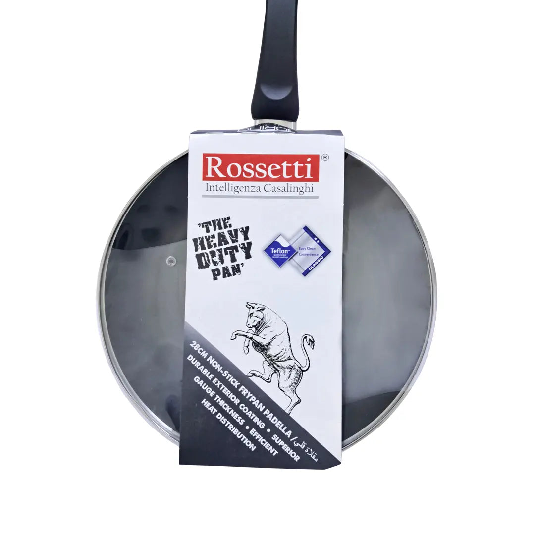 Rossetti Non-Stick Teflon Frying Pan with Lid – 28 CM, Made in Italy, Heat-Resistant Handle with Hanging Loop, Dishwasher Safe, Compatible with Gas, Electric & Ceramic Cooktops (Not Induction) - Damoo