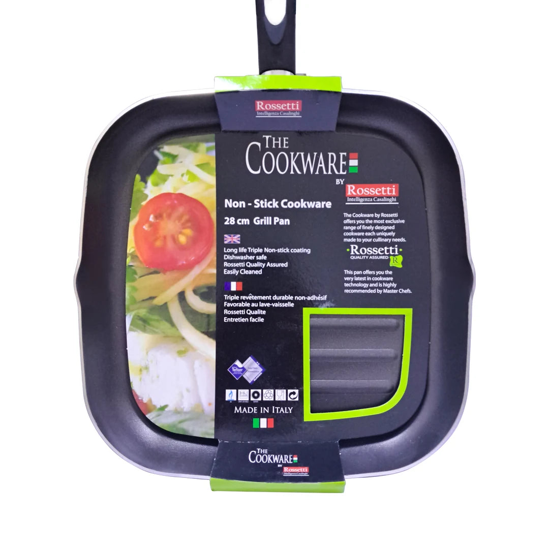 Rossetti Non-Stick Teflon Square Grill Pan – 28 CM, Made in Italy, Heat-Resistant Handle with Hanging Loop, Dishwasher Safe, Compatible with Gas, Electric & Ceramic Cooktops (Not Induction) - Damoo