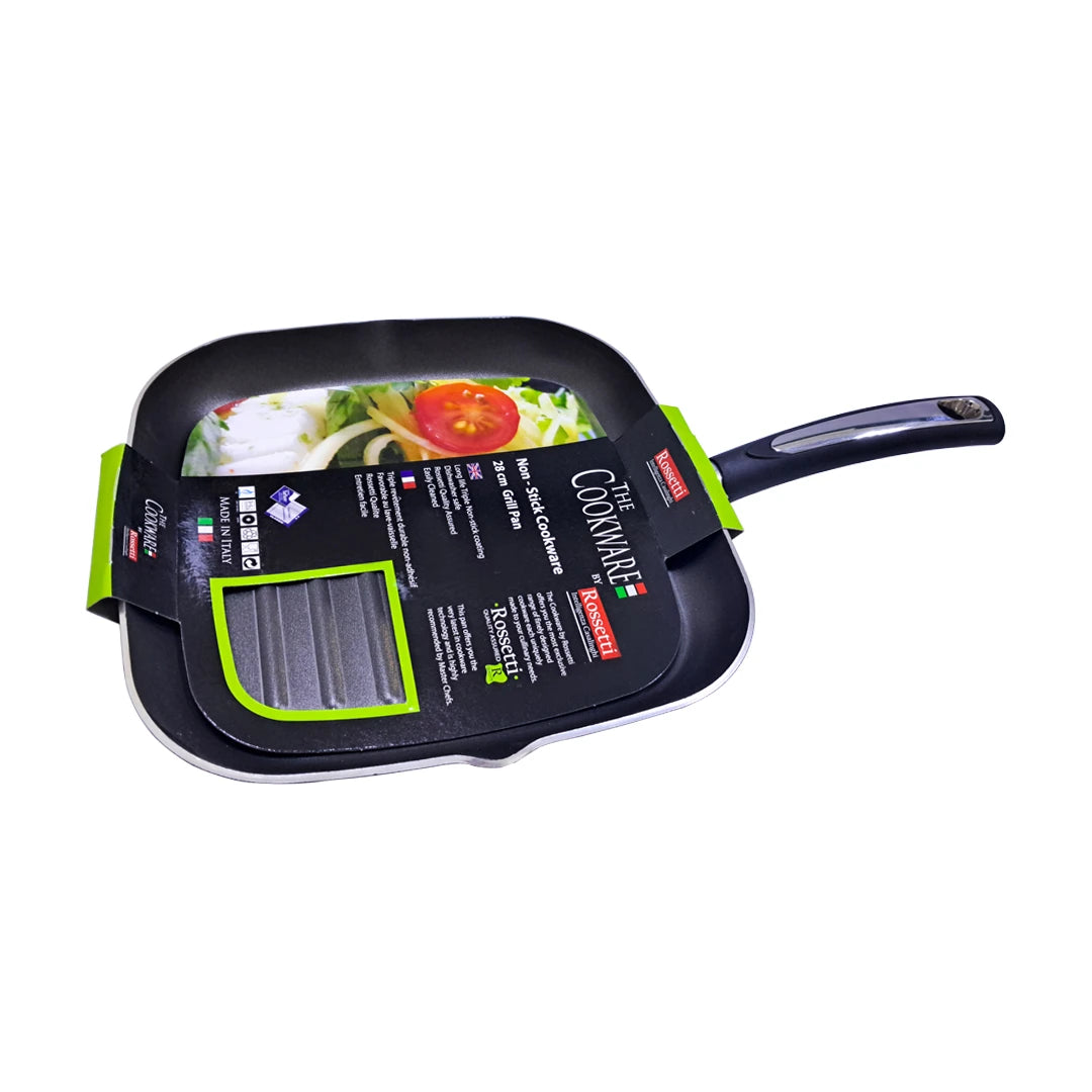 Rossetti Non-Stick Teflon Square Grill Pan – 28 CM, Made in Italy, Heat-Resistant Handle with Hanging Loop, Dishwasher Safe, Compatible with Gas, Electric & Ceramic Cooktops (Not Induction) - Damoo