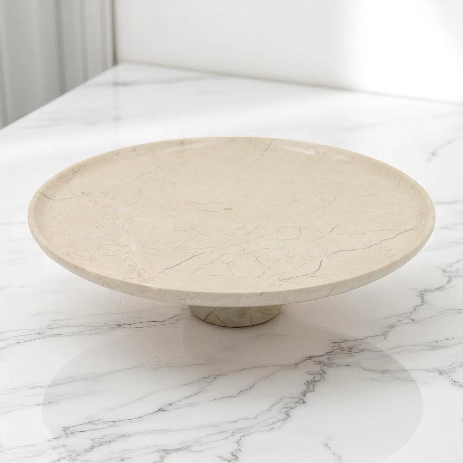 Round Marble-Style Serving Plate on Stand – Modern Decorative Stone-Look Display for Kitchen, Dining Table & Living Room - Elegant Raised Tray for Food, Decor & More - Damoo
