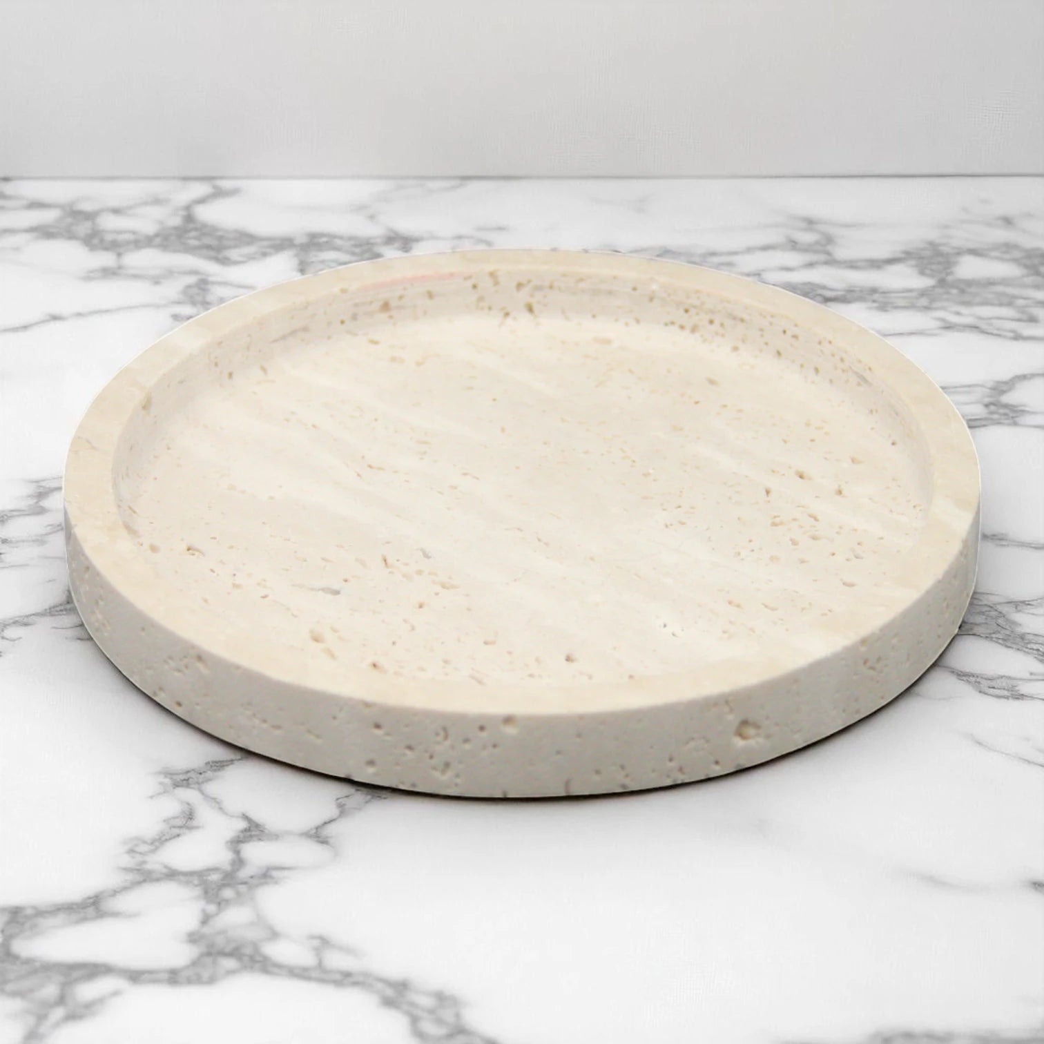 Round Travertine Stone Plate – Natural Beige Decorative & Serving Plate for Food, Jewelry, and Home Organization - Damoo