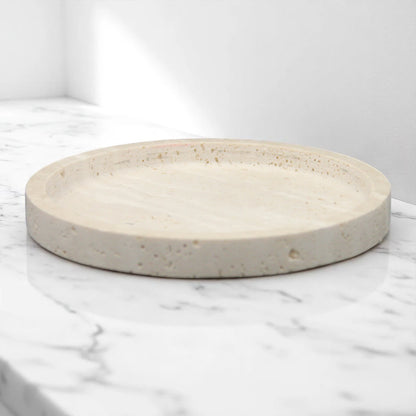 Round Travertine Stone Plate – Natural Beige Decorative & Serving Plate for Food, Jewelry, and Home Organization - Damoo