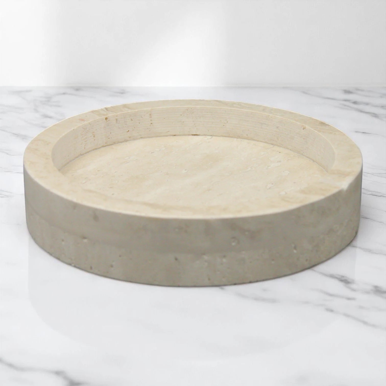 Round Travertine Stone Tray with Raised Edges – Beige Minimalist Catch-All Dish for Jewelry, Perfume, Food & Home Organization - Damoo