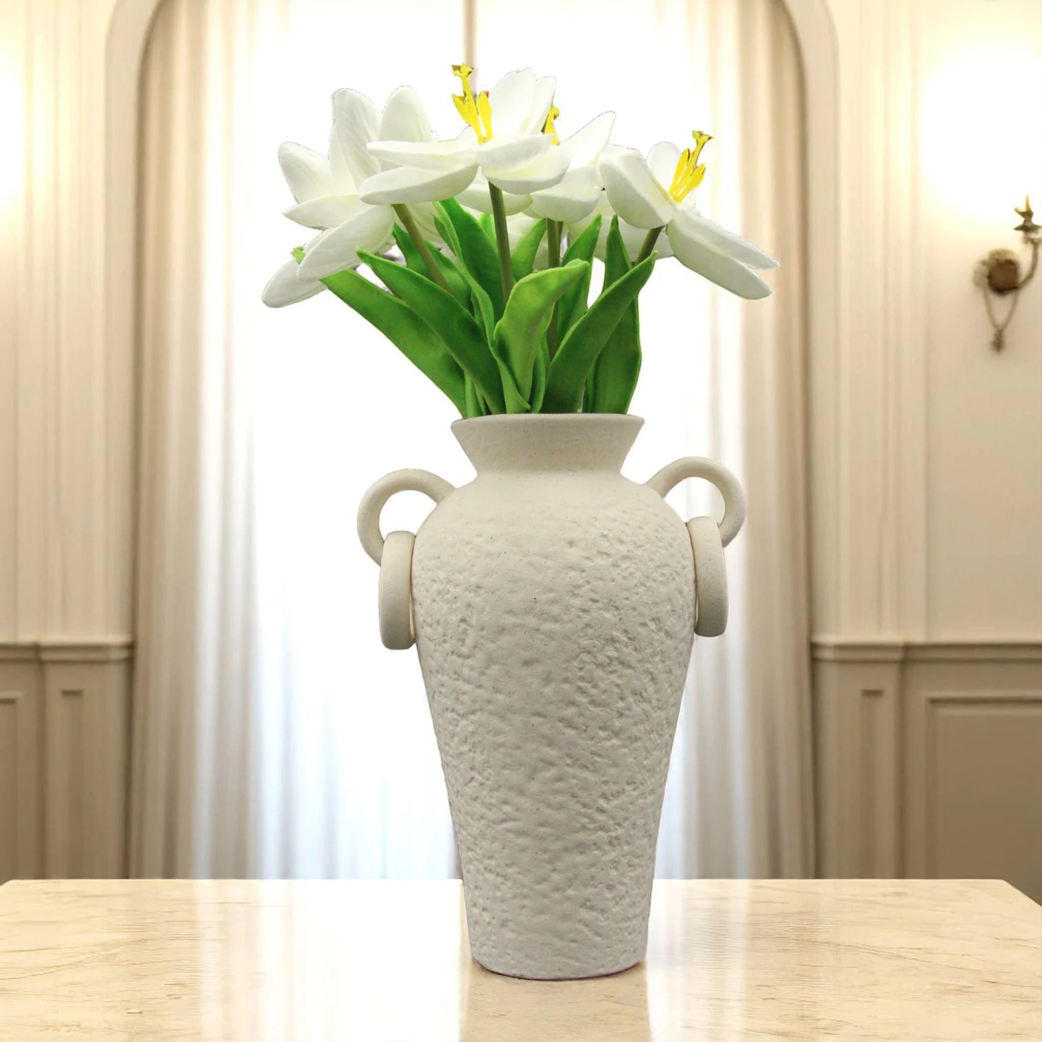 Rustic Ceramic Farmhouse Flower Vase with Two Handles – Cream Decorative Pottery Vase for Living Room, Table, or Shelf - Damoo