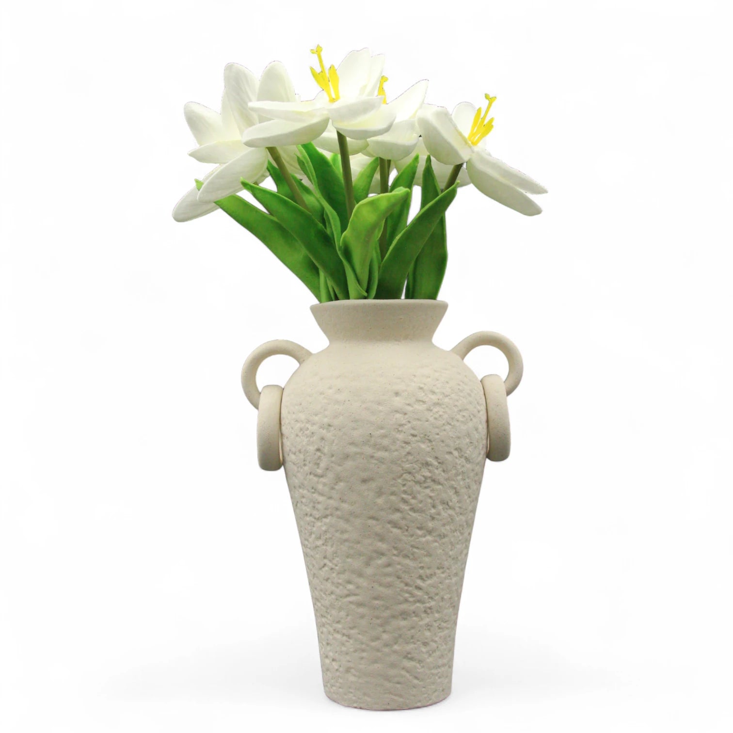 Rustic Ceramic Farmhouse Flower Vase with Two Handles – Cream Decorative Pottery Vase for Living Room, Table, or Shelf - Damoo