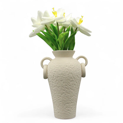 Rustic Ceramic Farmhouse Flower Vase with Two Handles – Cream Decorative Pottery Vase for Living Room, Table, or Shelf - Damoo