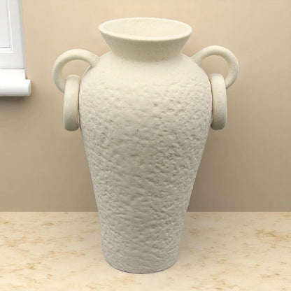 Rustic Ceramic Farmhouse Flower Vase with Two Handles – Cream Decorative Pottery Vase for Living Room, Table, or Shelf - Damoo